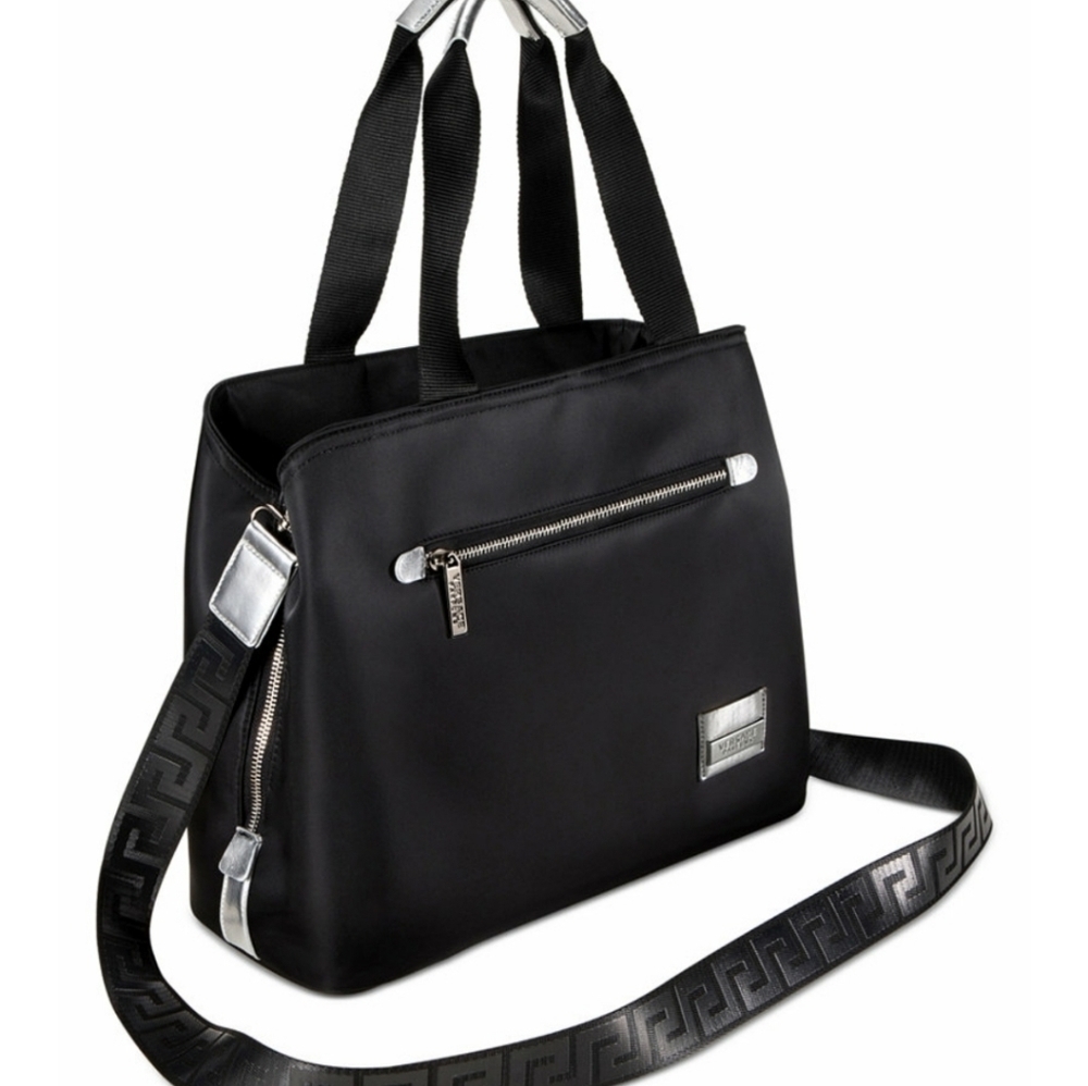 Versace Silver and Black Tote Bag with Structured Shape